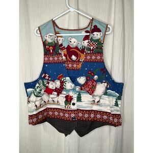 1990s Art To Wear Polar Bears Christmas Musician Nordic Fair Isle Scenic Vest XL